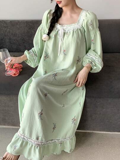 DAZY 花卉印花蕾丝拼接宽松长袖连衣裙，春季女士睡衣