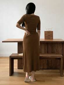 DAZY Minimalist Knit Fitted Long Dress Loungewear For Women - Brown - View 2