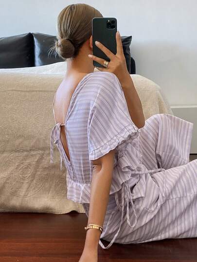 DAZY Striped Pattern Frill Trim Loose V-Neck Short Sleeve Jumpsuit