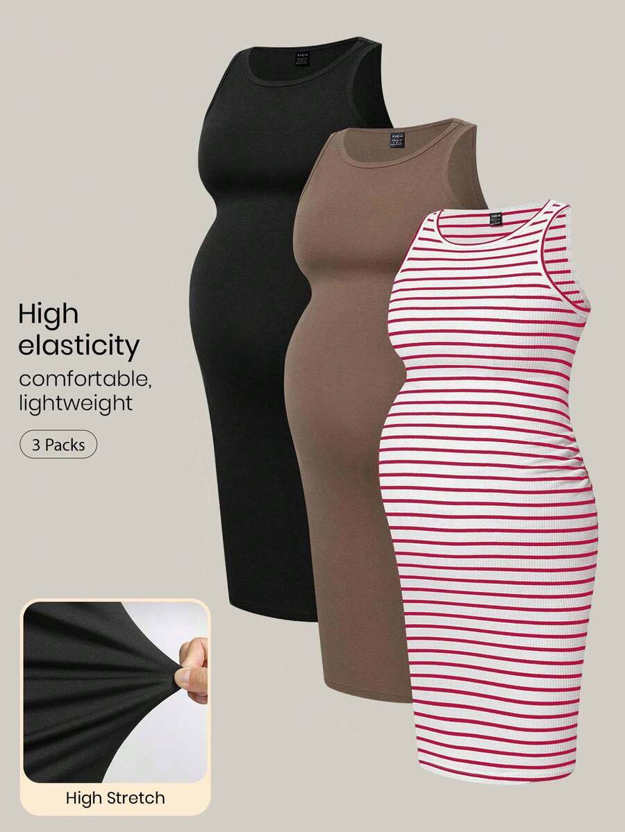 Modmama Maternity Solid Color + Striped Print Round Neck Fitted Sleeveless Dress - Red - View 1