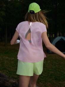 Exploreva Women's Outdoor Sports Mesh Hollow Pink T-Shirt - Pink - View 7