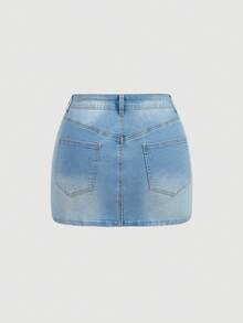 Sweetra Sweet Sexy Casual Women's Plus Size Denim Mini Skirt, Spring & Summer - Light Wash - View 2