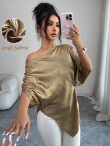 Rafferiza 优雅不对称肩领蝙蝠袖短袖不对称下摆香槟金箔女式衬衫，百搭休闲日常穿着 - 香檳色 - 查看 1