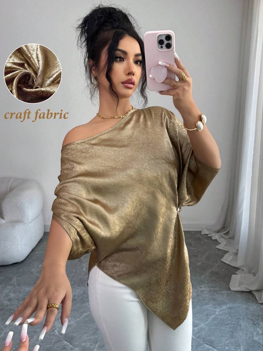 Rafferiza 优雅不对称肩领蝙蝠袖短袖不对称下摆香槟金箔女式衬衫，百搭休闲日常穿着 - 香檳色 - 查看 1