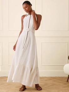 Lilora Vestido largo con cuello de camisa elegante para mujer - Blanco - Ver 6