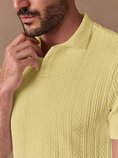 HIMLAND Solid Color Half-Placket Short Sleeve Summer Knit Casual Polo Shirt Mens Knit Shirt Mens Polo Shirt Mens Yellow Shirt Mens Textured Shirt Mens Lemon Shirt