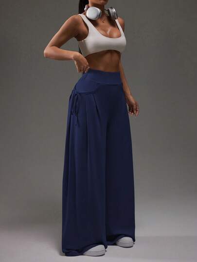 Dewbera Women's Ruched Casual Mesh Sports Pants, Spring/Autumn Navy Blue Wide Leg Pants Wide Leg Yoga Pant Palazzo Pants Women Wide Leg Pants Woman Navy Blue Pants Women's Wide Leg Pants Athletic Wide Leg Pant Womens Wide Leg Pants