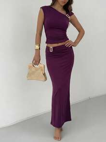 Aloruh 女士性感修身休闲针织连衣裙套装 - 紫色 - 查看 5