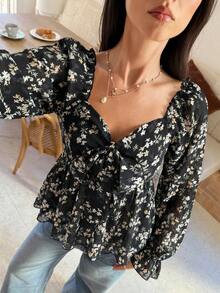Serisse Women's Sweetheart Collar Long Sleeve Floral Ruffle Hem Casual Elegant Blouse - Black - View 5