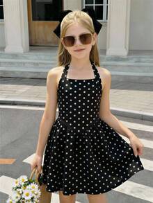 SHEIN Tween Girl Casual Sports Ballerina Halter Low Waist Polka Dot Print Elegant Dress - Black - View 1