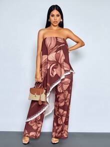 SOLERSUN Bộ jumpsuit nữ dáng rộng, trễ vai, in hoa, chất liệu chiffon, hoàn hảo cho kỳ nghỉ, hẹn hò hoặc những buổi đi chơi thường ngày, trang phục thường nhật sang trọng. - Đỏ - Xem 3
