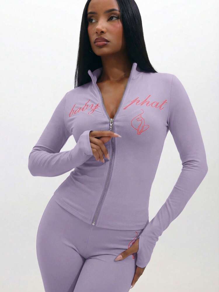 BABYPHAT Zip Up Long Sleeve Top With Pink Text Print And Fitted Design For Casual Everyday Wear