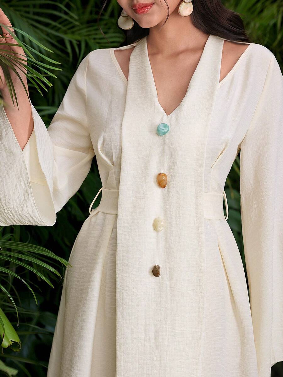 Yasmyna Women's Apricot Woven Long Sleeve Tie-Up Pearl Embellished Modest Arabic Style Dress, Spring/Summer - Apricot - View 1