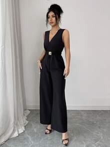SHEIN PETITE Women's Sexy V-Neck Sleeveless Thin Waist Belt Accessory Wide Leg Jumpsuit, Spring/Summer - Black - View 5