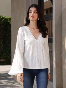 Mulvari Women's French Style Summer Beach Vacation V-Neck Long Sleeve Lace Trim Shirt Lantern Sleeve Blouse White Boho Top V Neck Blouse White Long Sleeve Blouse New Arrival Blouse Blouse For Women Casual Elegant - White - View 11