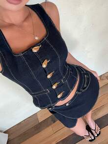 Aloruh Bộ đồ nữ gồm áo không tay màu trơn tối giản và chân váy denim, thích hợp mặc hàng ngày. - Màu xanh lam - Xem 3