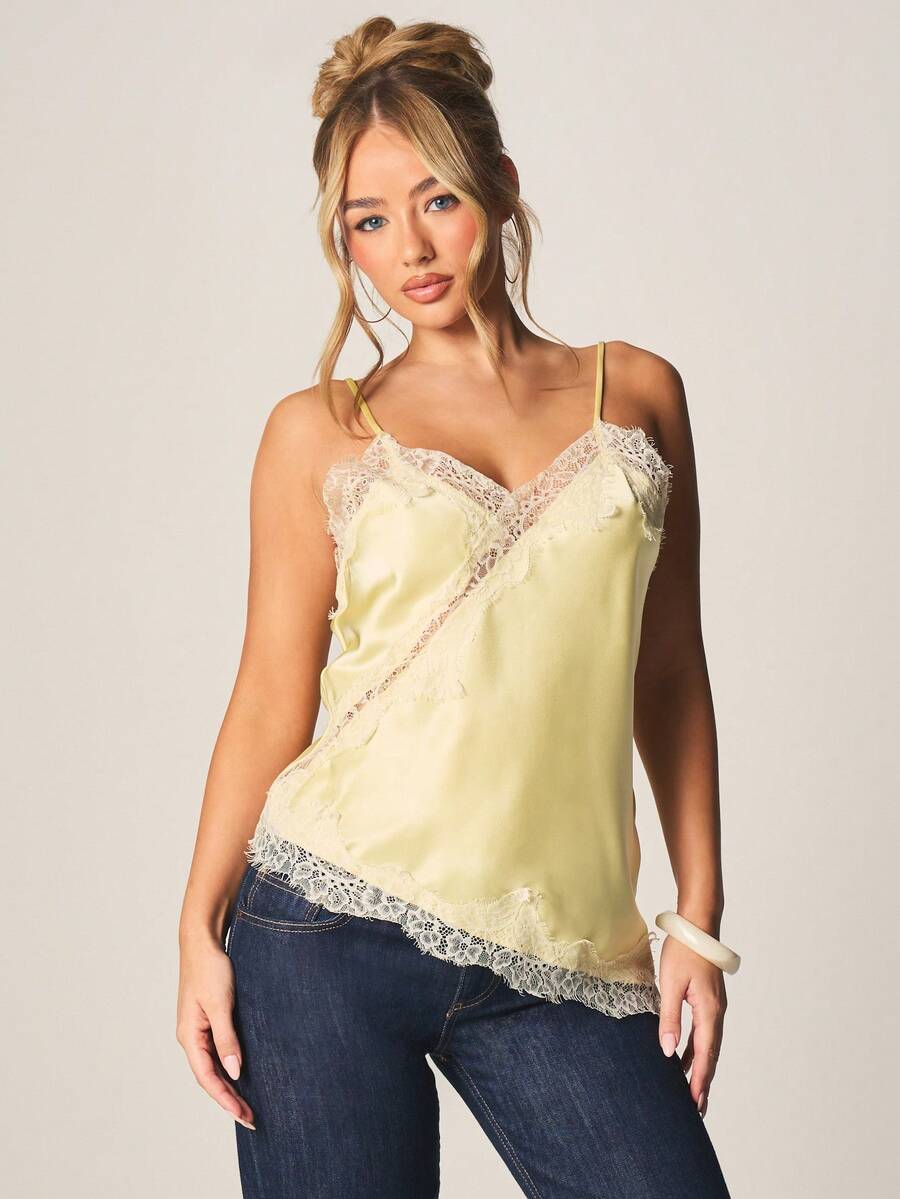 MISSGUIDED Lace Trim Satin Cami Top With V Neckline And Adjustable Straps For Summer Casual Outfits - Yellow - View 1