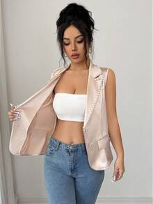 SHEIN Clasi Women's Solid Color Faux Pearl Decor Asymmetric Lapel Single Breasted Elegant Sleeveless Blazer - Apricot - View 8