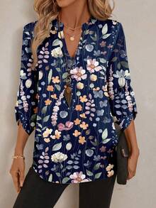 EMERY ROSE Women's Spring Full Print Notched Neck 3/4 Sleeve Blouse, Work Shirt - Navy Blue - View 1