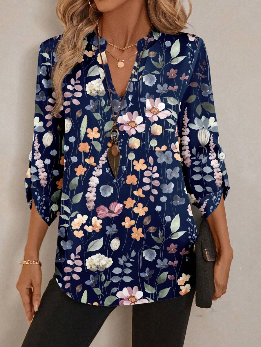 EMERY ROSE Women's Spring Full Print Notched Neck 3/4 Sleeve Blouse, Work Shirt - Navy Blue - View 1