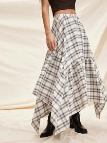 Easelle Plaid Woven Asymmetrical Hem Women Skirt Summer Spring Going Out Vacation Outfits Women Casual  Ruffle Apricot - Multicolor - View 5