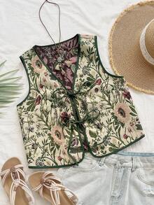 Soleia 大码女式度假休闲复古热带植物提花系带纹理面料背心 - 彩色 - 查看 5