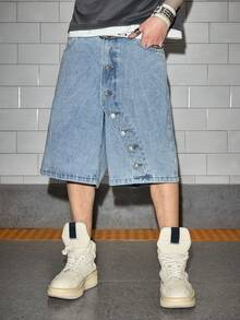 ROMWE MEN Street Life Men's Distressed Blue Denim Shorts - Blue - View 9