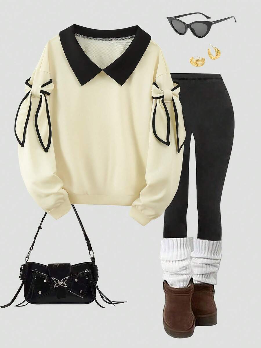 Resyla Women's Casual Contrast Color Collar Tie Detail Sweatshirt, Autumn - Apricot - View 1