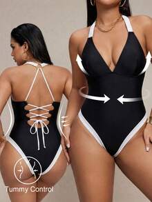 Shapewave-D Women's One-Piece Swimsuit, Black Glossy Fabric, Black & White Color Block Design, Ruched Details, Adjustable Criss-Cross Back Straps, Flattering Silhouette, Sexy & Fashionable - Multicolor - View 1