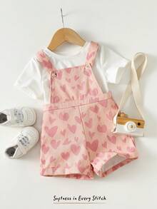 Cozy Pixies Baby Girl Heart Pattern Suspender Romper, Versatile & Comfortable - Pink - View 1