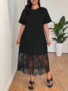 SHEIN EZwear Đầm ngắn tay cổ tròn màu trơn, phối ren, cỡ lớn, thích hợp cho mùa xuân/hè. - màu đen - Xem 3