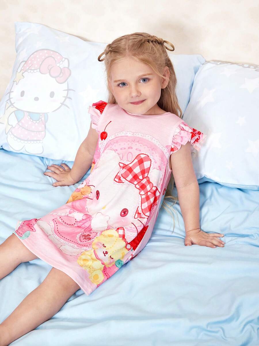 HELLO KITTY AND FRIENDS | SHEIN 1件装 少女休闲可爱猫咪印花荷叶边睡裙 - 彩色 - 查看 1