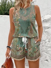 SHEIN LUNE Casual Vacation Style Green Paisley Geometric Placement Print Women Round Neck Tank Top And Shorts 2 Pieces Set, Suitable For Summer Vacation - Multicolor - View 1