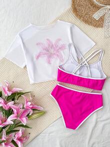 SHEIN 少女三件套比基尼泳衣，粉色撞色T恤印花泳装，吊带背心泳衣套装，适合度假、游泳、海滩穿着 - 彩色 - 查看 2