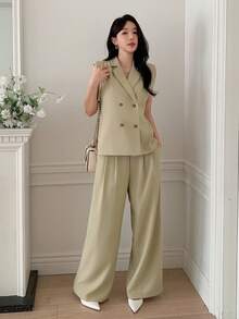 DAZY 女士休闲纯色假口袋外套和阔腿裤套装，春夏款，婚礼宾客礼服 - 綠色 - 查看 5