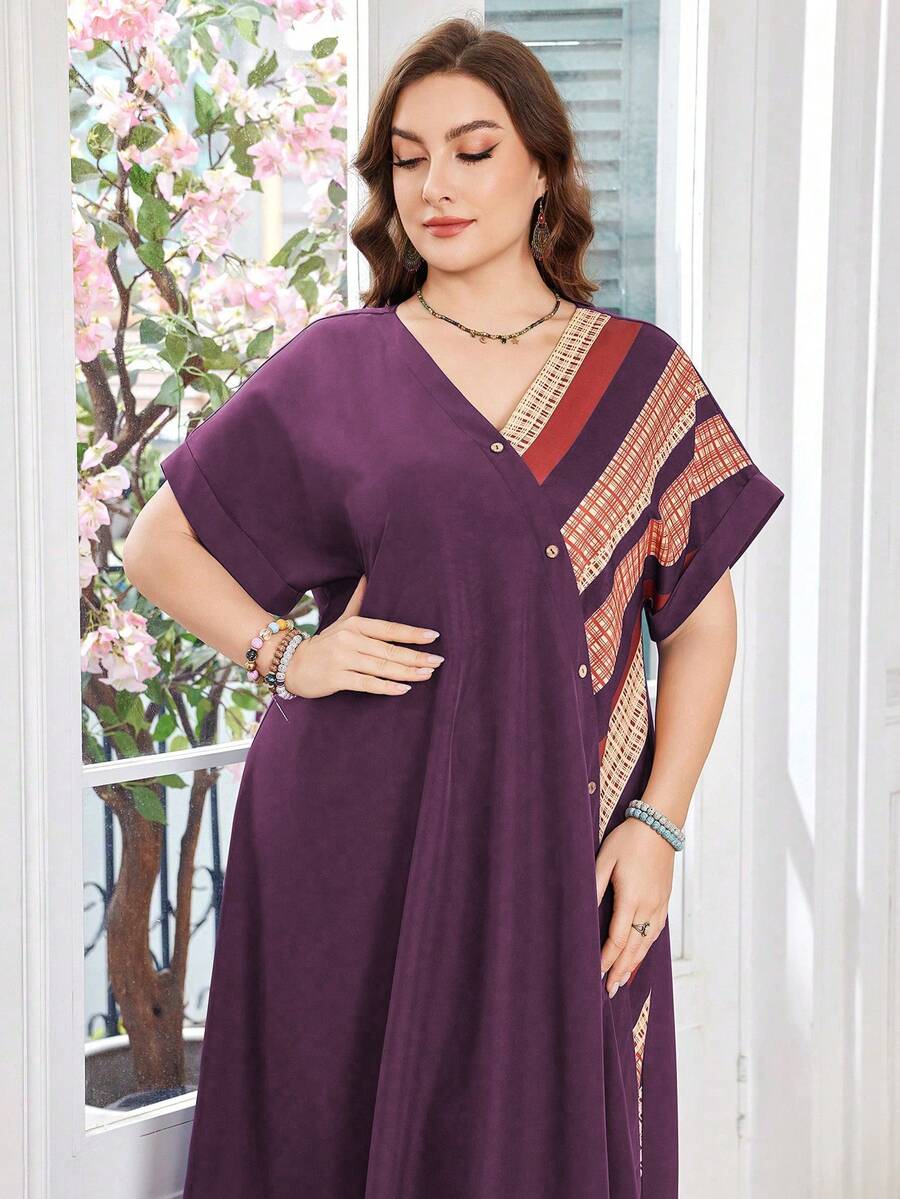 Lacomfia Vestido casual, cómodo y versátil de talla grande con cuello en V, manga corta y estampado de rayas y patchwork - Morado - Ver 1