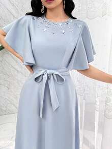 Modelyn 女士纯色圆领荷叶边短袖优雅中长款夏季连衣裙 - 藍色 - 查看 6