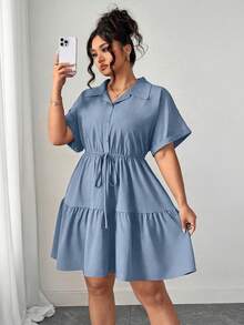 Elenzga Đầm sơ mi dáng rộng, thoải mái, cỡ lớn với nhiều chi tiết tinh tế. - Màu xanh bụi bặm - Xem 8