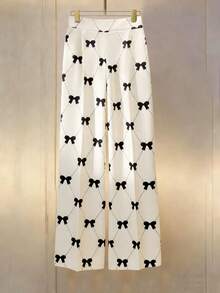 Franclia Women's New Bow Print High Waist Wide Leg Pants, Casual Versatile , Minimalist & Fashionable, Casual - Playful & Cute Pants ,Suitable For Going Out Elegant, Vacation,Casual,Y2K,Graduation Season Attire,Vacation Outfits Women,Spring Outfit,Summer Holiday Outfits, From Spring To Summer - Beige - View 1