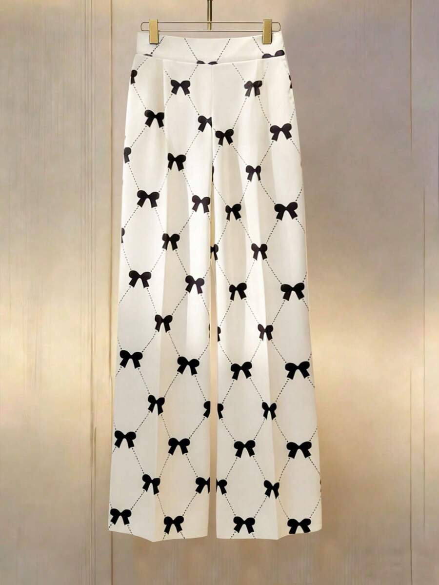 Franclia Women's New Bow Print High Waist Wide Leg Pants, Casual Versatile , Minimalist & Fashionable, Casual - Playful & Cute Pants ,Suitable For Going Out Elegant, Vacation,Casual,Y2K,Graduation Season Attire,Vacation Outfits Women,Spring Outfit,Summer Holiday Outfits, From Spring To Summer - Beige - View 1