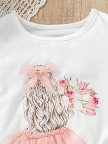 女童印花荷叶边下摆T恤和粉色裙子套装 - 彩色 - 查看 5