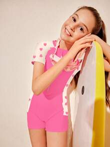 SHEIN DS72 Tween Girls' One-Piece Zipper Front Swimsuit, Fashionable For Summer - Pink - View 4