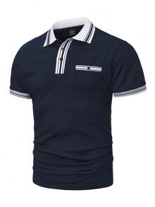 Manfinity Mode Áo polo nam tay ngắn phối màu, kiểu dáng thường ngày, đa năng, phù hợp mặc hàng ngày. - Màu xanh hải quân - Xem 5