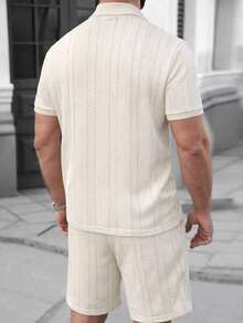 Manfinity RSRT 2pcs/Set Men's Comfortable Jacquard Hollow-Out Fabric Short Sleeve Polo Shirt And Drawstring Elastic Waist Shorts, Casual For Vacation, Party, Gathering, Sports, Simple Office, Classic Samurai Style Short Sleeve And Shorts Set, Bestselling Set, Suitable For Self-Wear Or Gift To Friends, Spring/Autumn - Beige - View 2