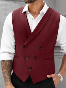 Manfinity Mode 男士加大码休闲/商务单排扣西装马甲，男士正装，男士休闲马甲，适合日常通勤、男士日常休闲夏季度假穿着，INS畅销款，完美适用于外出和日常穿着，纽扣闭合设计，打造时尚百搭造型。是送给男友或丈夫的绝佳礼物。商务休闲男士西装马甲，日常休闲之选。 - 酒紅色 - 查看 5