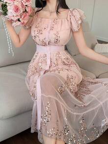 DAZY Đầm slip tay ngắn xếp ly họa tiết hoa nhí, đầm công sở thanh lịch cổ vuông. - Hồng - Xem 7