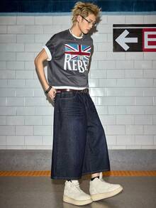 ROMWE MEN Grunge Punk 男士休闲日常牛仔短裤，带口袋，部分印有国旗图案 - 藍色 - 查看 8