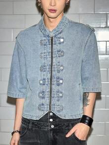 ROMWE MEN Grunge Punk Áo sơ mi denim tay ngắn kiểu cổ điển thời Trung cổ dành cho nam - trắng - Xem 4