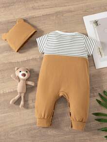 SHEIN 男嬰3D耳朵設計條紋和卡通圖案1連身褲帶1帽 - 彩色 - 查看 3