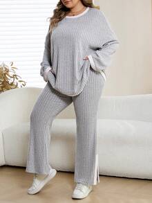 SHEIN CURVE+ Curve 尺码 US22 音乐节、海滨度假、波西米亚撞色滚边上衣和裤子两件套 - 淺灰色 - 查看 7